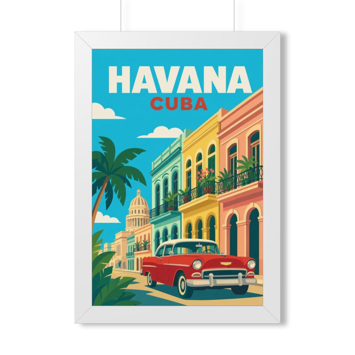 Havana Cuba Framed Poster | Vintage Travel Wall Art | Black Walnut White Frame | 16x24 20x30