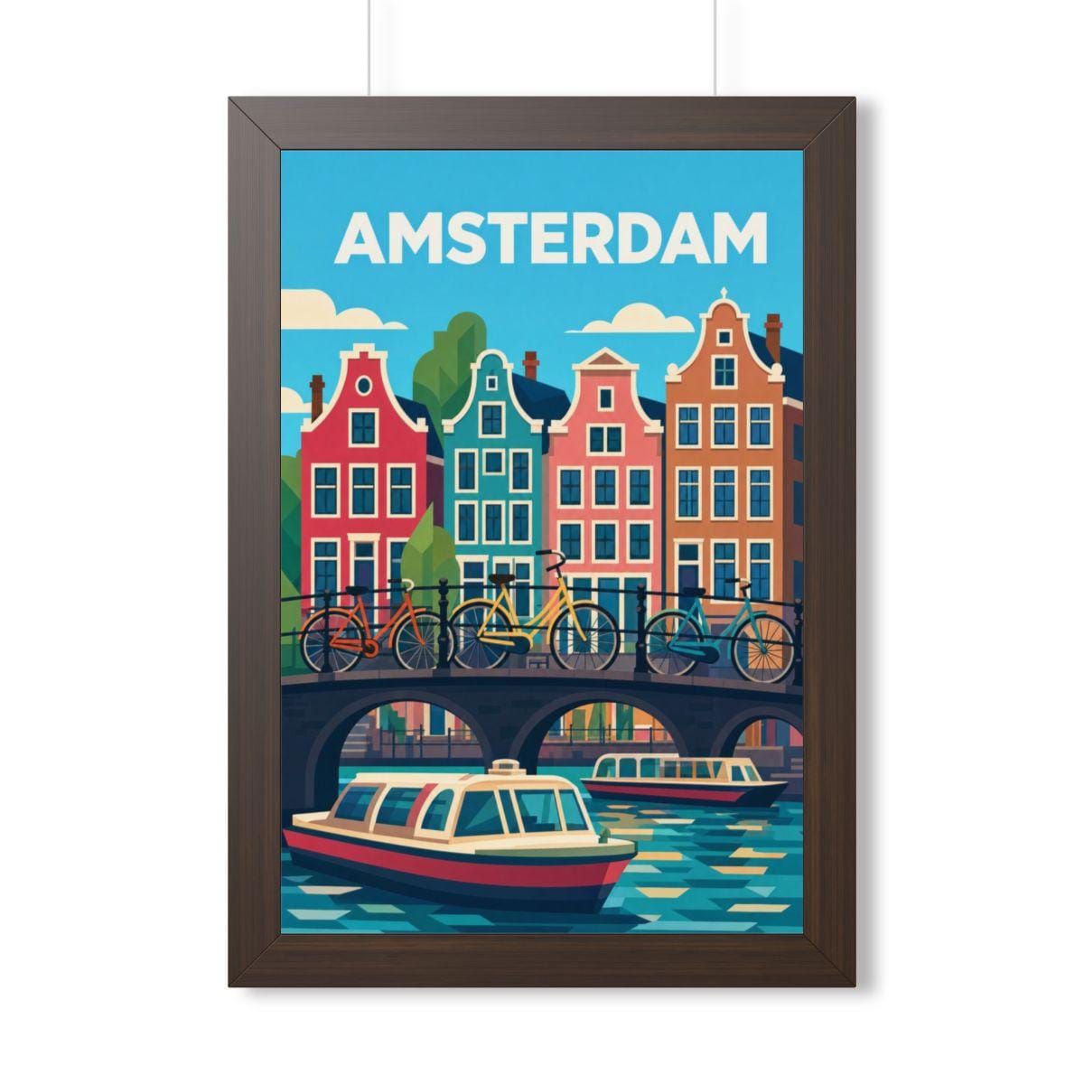 Amsterdam Netherlands Framed Poster | Vintage Travel Wall Art | Black Walnut White Frame | 16x24 20x30