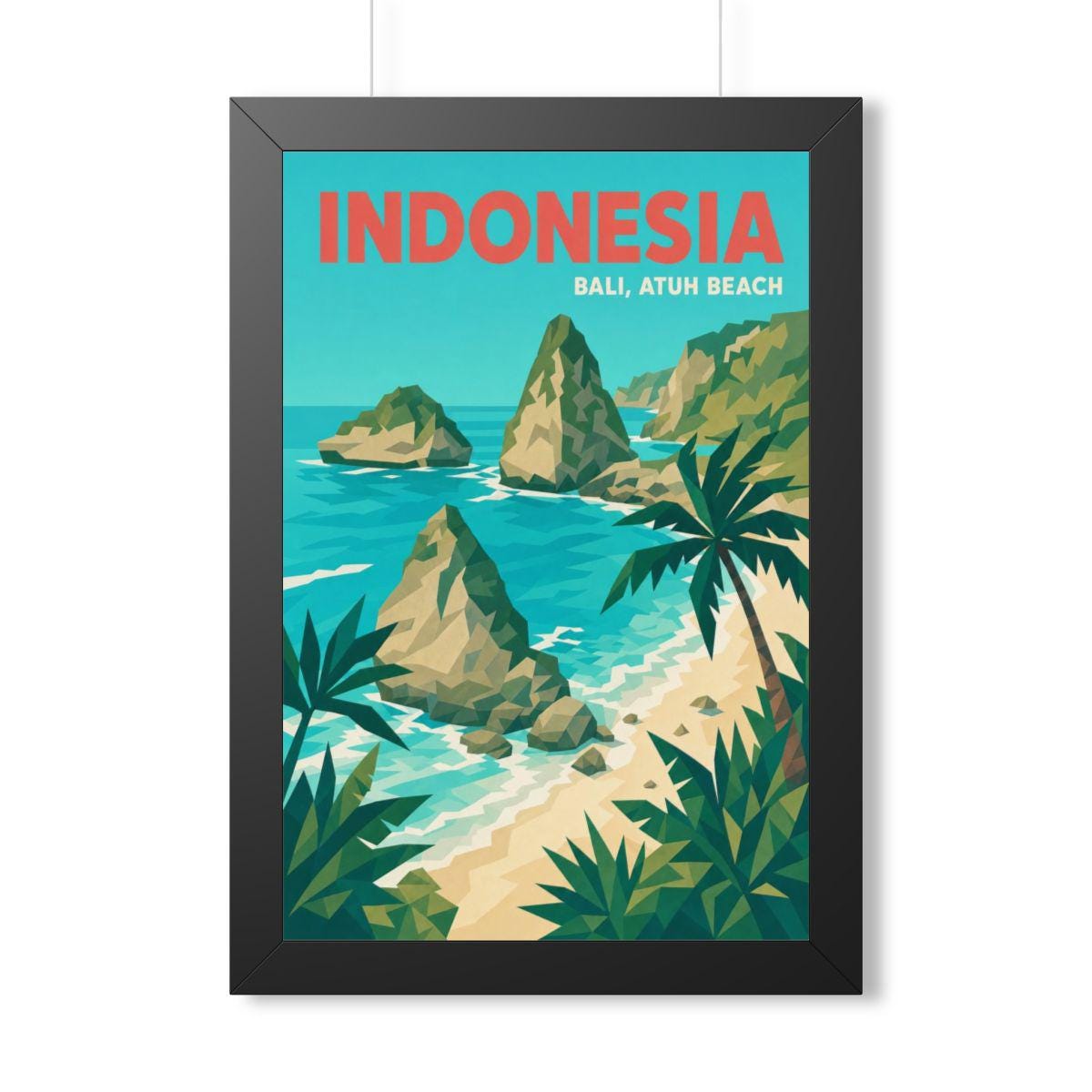 Atuh Beach Bali Indonesia Framed Poster | Vintage Travel Wall Art | Black Walnut White Frame | 16x24 20x30