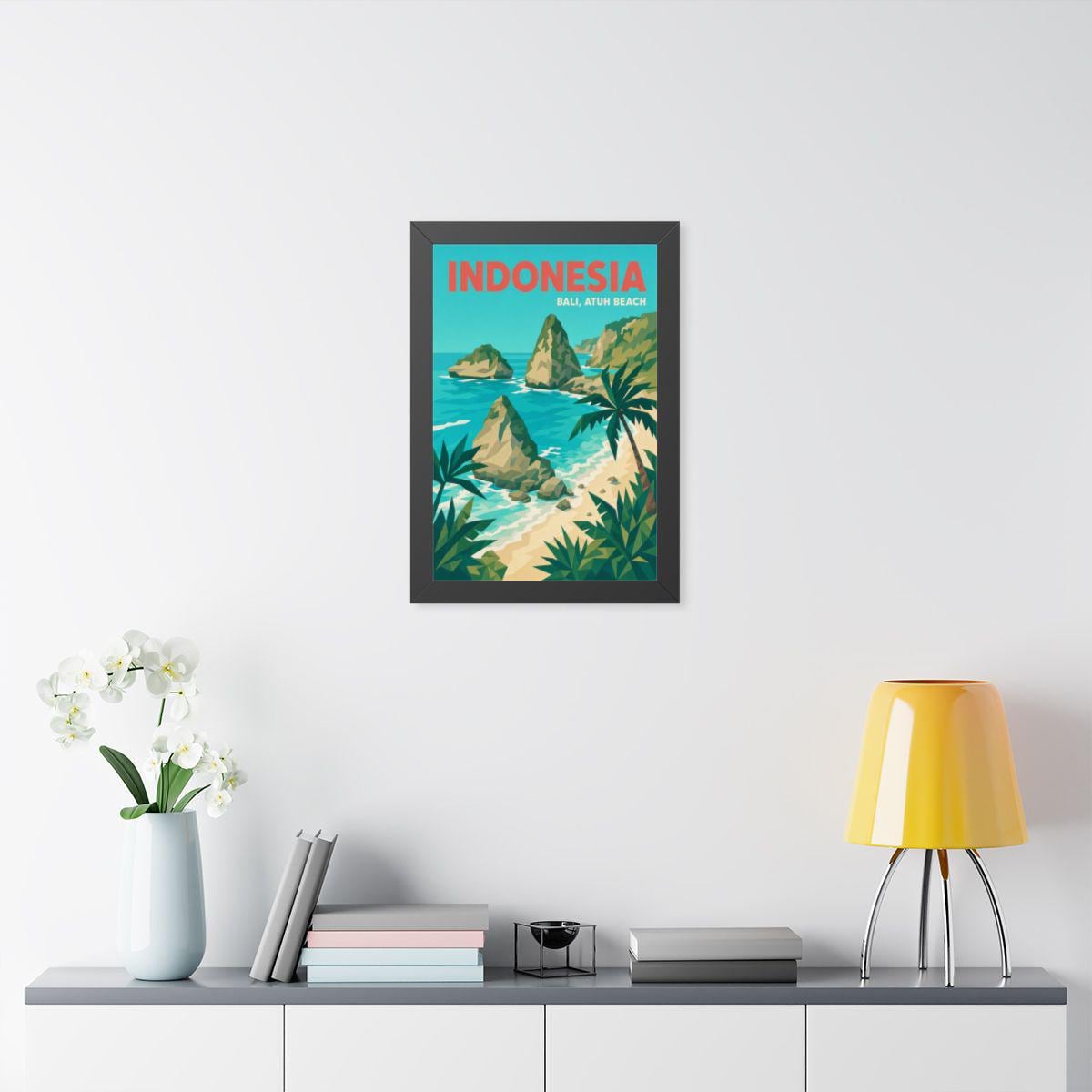 Atuh Beach Bali Indonesia Framed Poster | Vintage Travel Wall Art | Black Walnut White Frame | 16x24 20x30