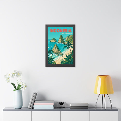 Atuh Beach Bali Indonesia Framed Poster | Vintage Travel Wall Art | Black Walnut White Frame | 16x24 20x30