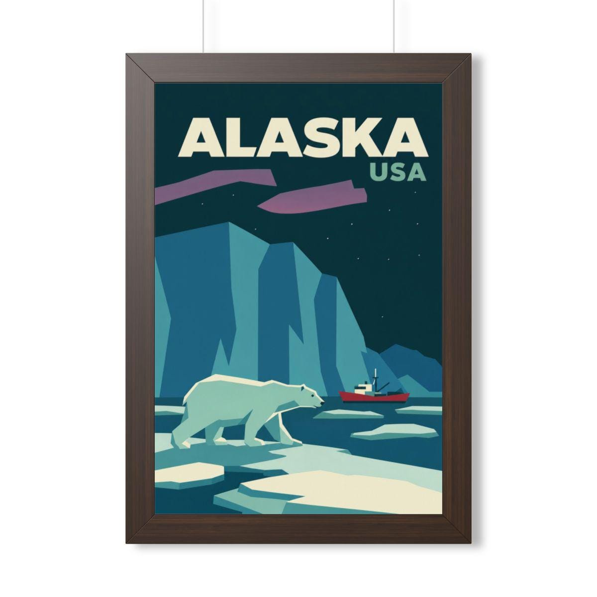 Alaska Polar Bear United States Framed Poster | Vintage Travel Wall Art | Black Walnut White Frame | 16x24 20x30