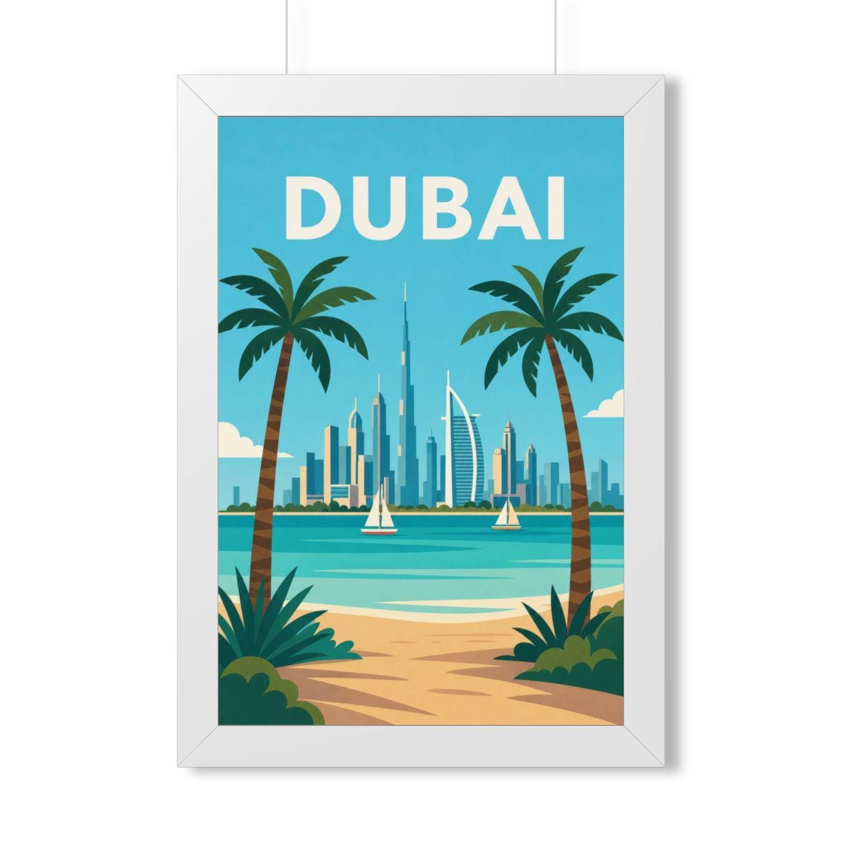 Dubai Beach United Arab Emirates Framed Poster | Vintage Travel Wall Art | Black Walnut White Frame | 16x24 20x30