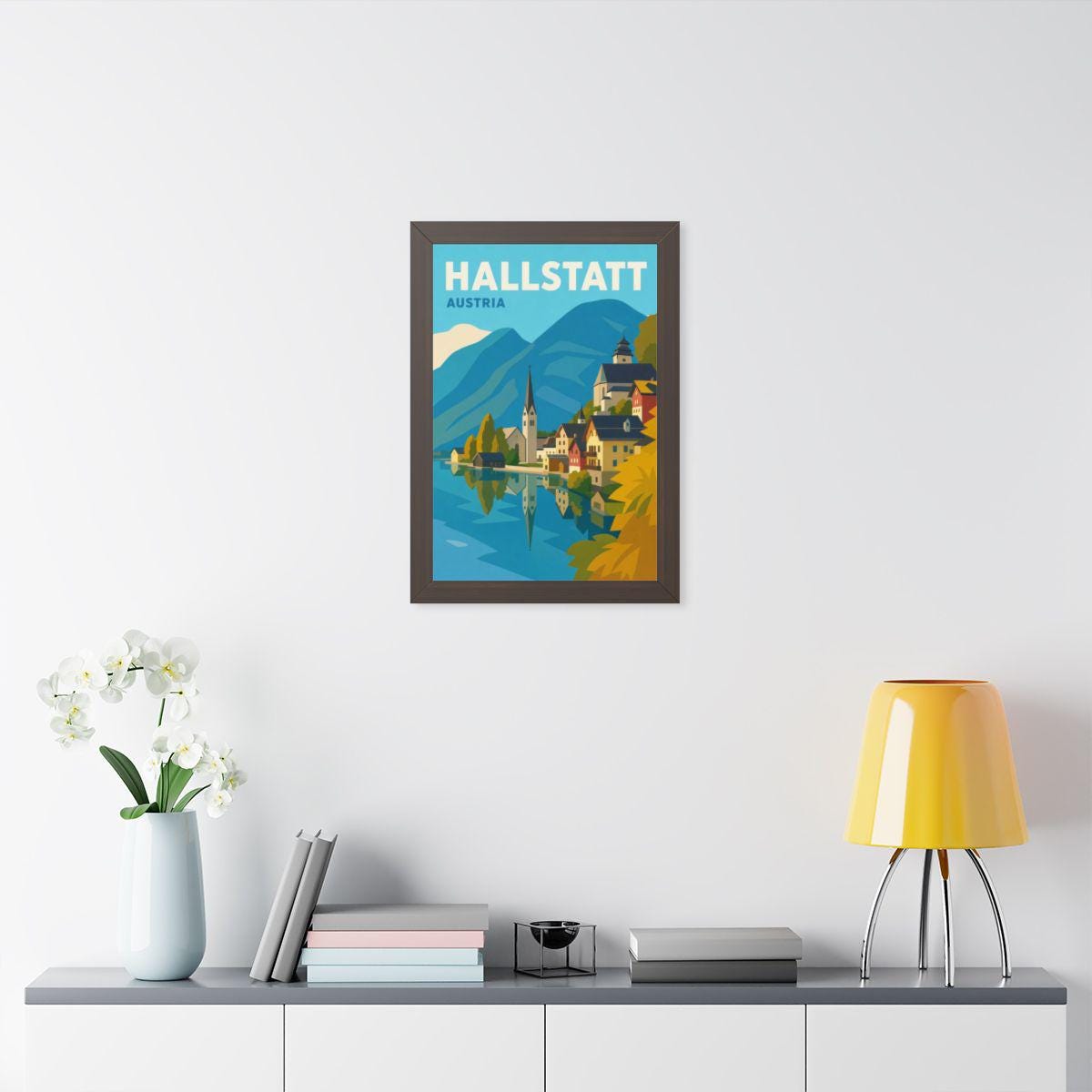 Hallstatt Austria Framed Poster | Vintage Travel Wall Art | Black Walnut White Frame | 16x24 20x30