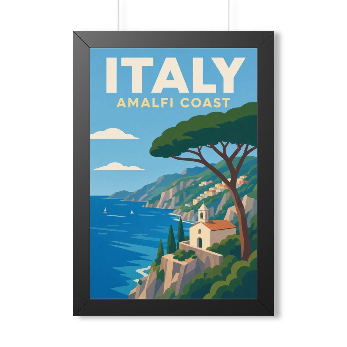 Amalfi Coast Italy Framed Poster | Vintage Travel Wall Art | Black Walnut White Frame | 16x24 20x30
