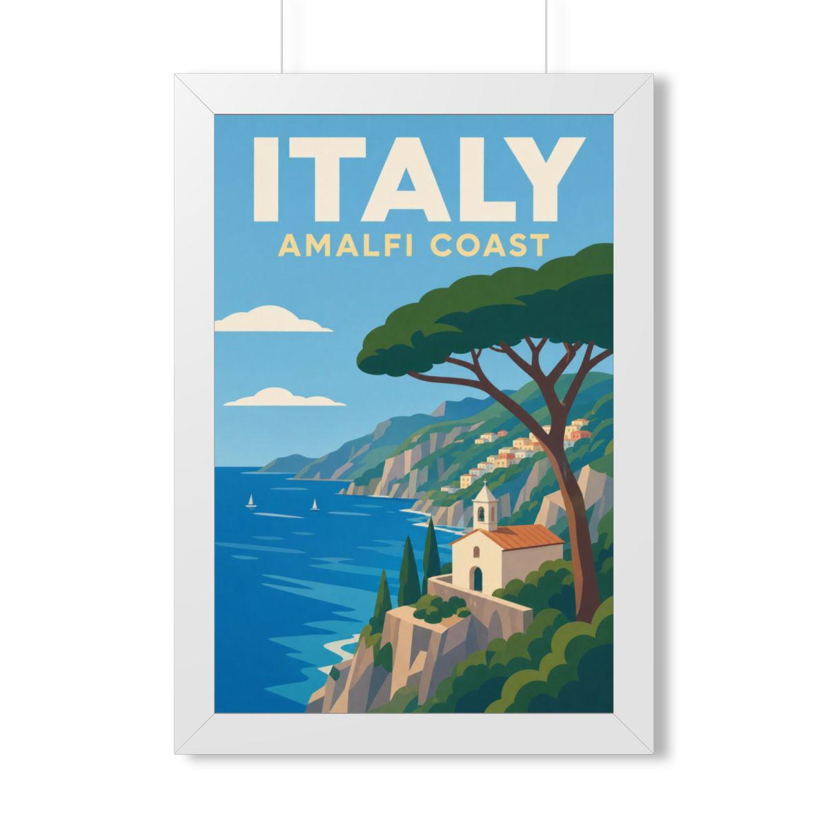 Amalfi Coast Italy Framed Poster | Vintage Travel Wall Art | Black Walnut White Frame | 16x24 20x30