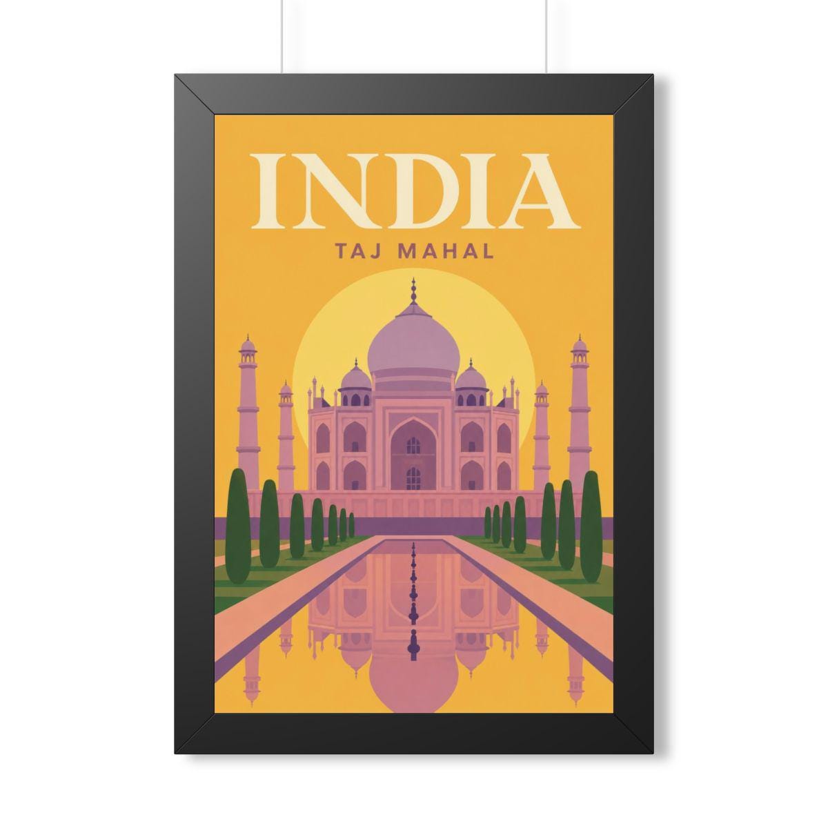 Taj Mahal India Framed Poster | Vintage Travel Wall Art | Black Walnut White Frame | 16x24 20x30