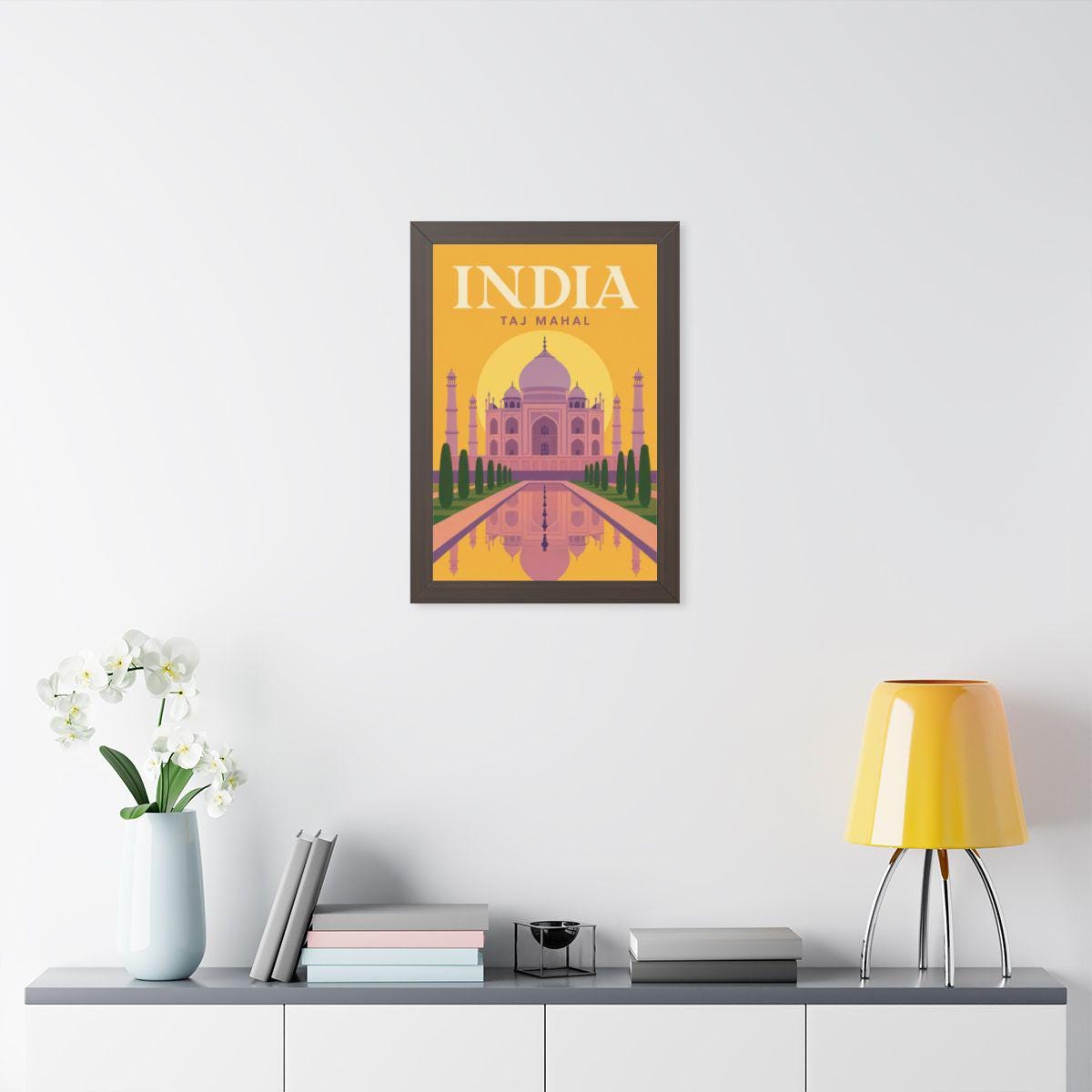 Taj Mahal India Framed Poster | Vintage Travel Wall Art | Black Walnut White Frame | 16x24 20x30