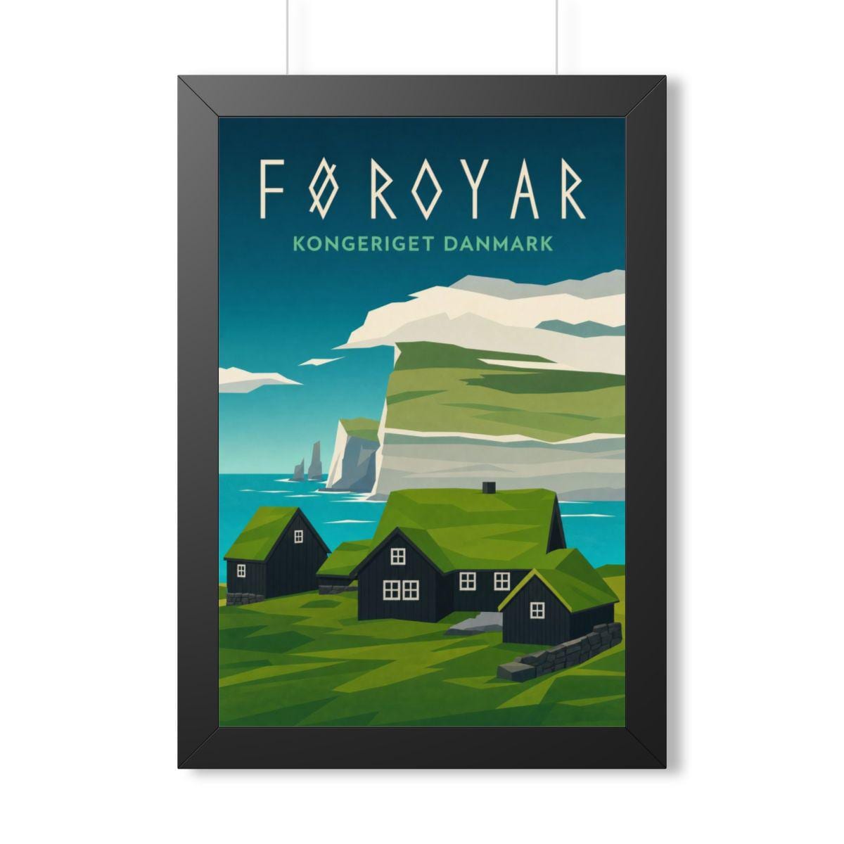 Faroe Islands Denmark Framed Poster | Vintage Travel Wall Art | Black Walnut White Frame | 16x24 20x30