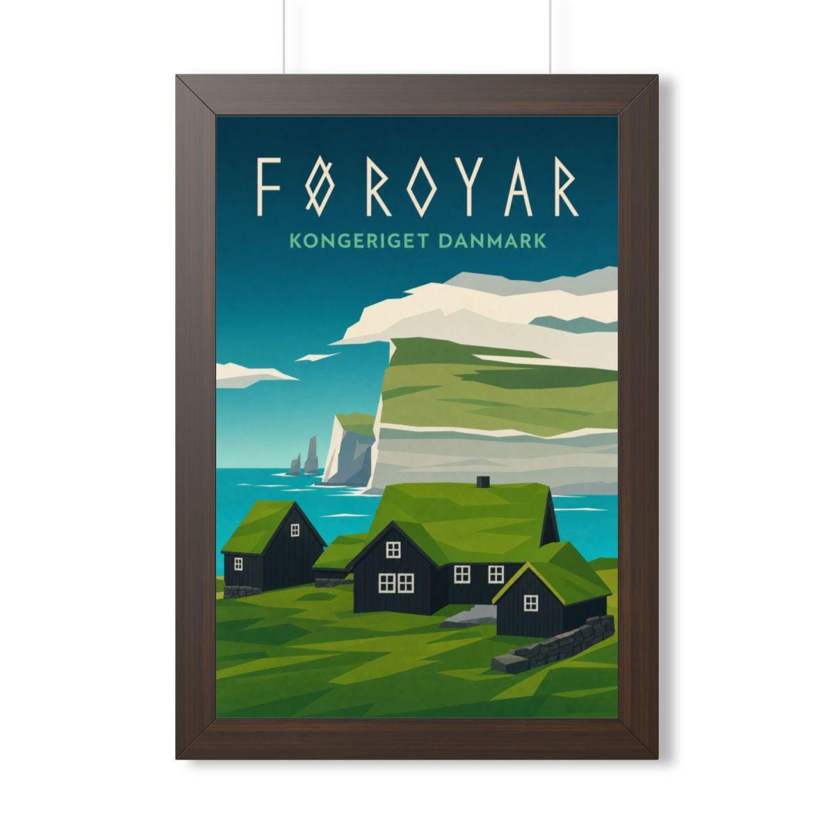 Faroe Islands Denmark Framed Poster | Vintage Travel Wall Art | Black Walnut White Frame | 16x24 20x30