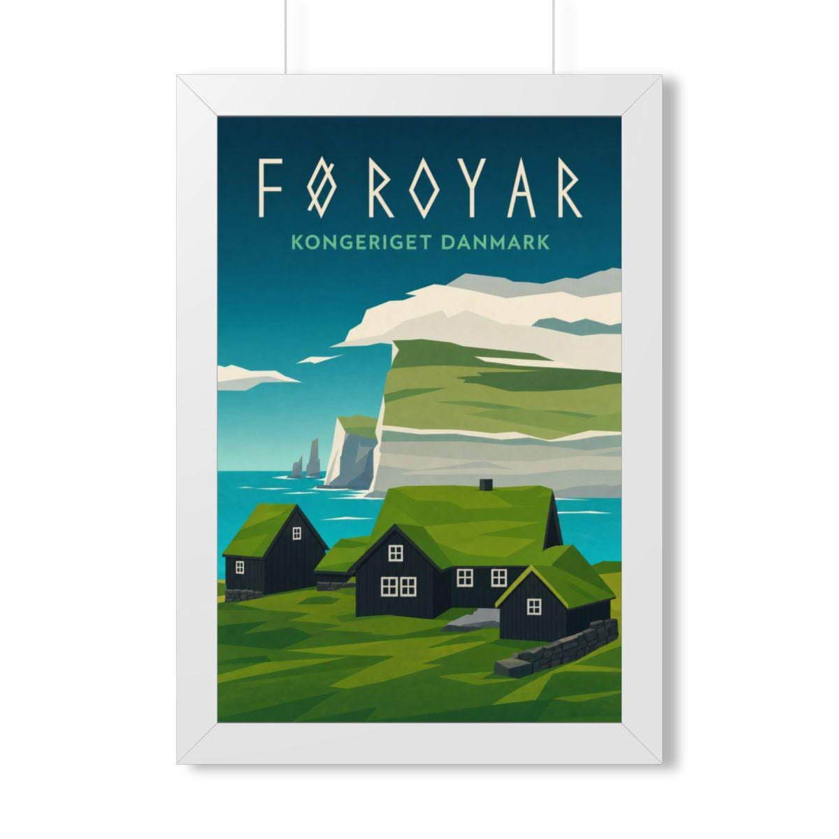 Faroe Islands Denmark Framed Poster | Vintage Travel Wall Art | Black Walnut White Frame | 16x24 20x30