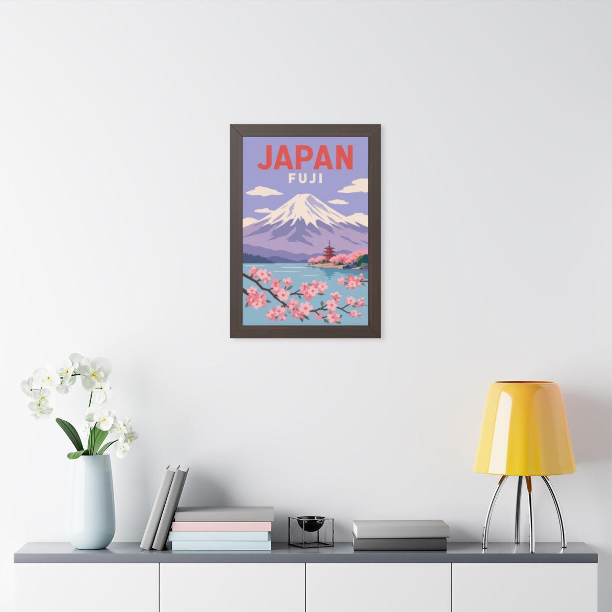 Mount Fuji Japan Framed Poster | Vintage Travel Wall Art | Black Walnut White Frame | 16x24 20x30