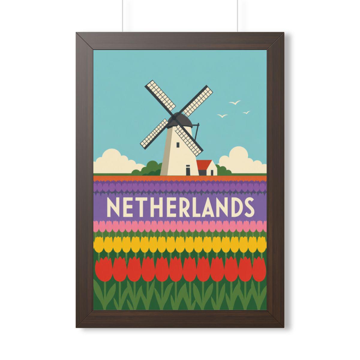 Netherlands Tulip Fields Netherlands Framed Poster | Vintage Travel Wall Art | Black Walnut White Frame | 16x24 20x30