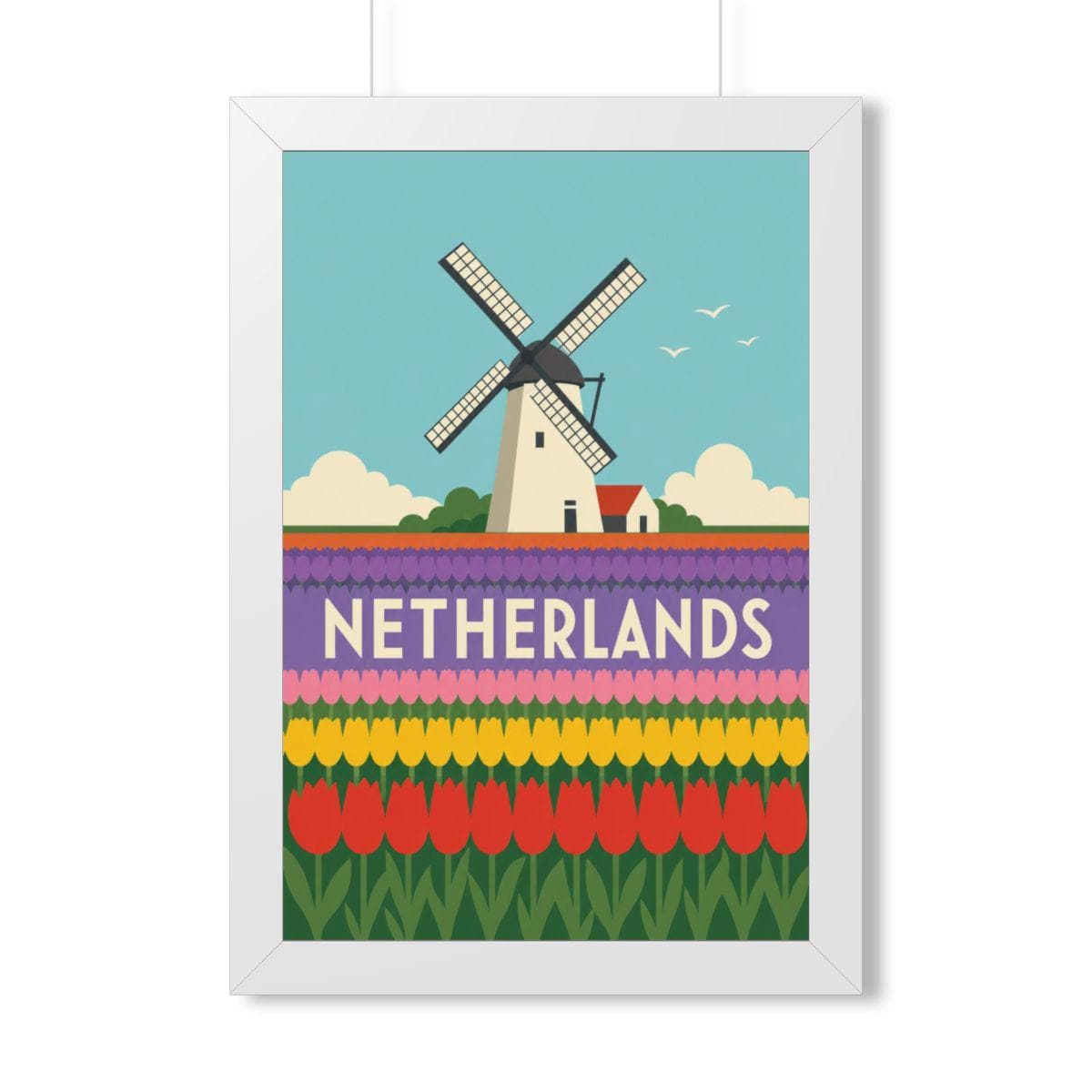 Netherlands Tulip Fields Netherlands Framed Poster | Vintage Travel Wall Art | Black Walnut White Frame | 16x24 20x30