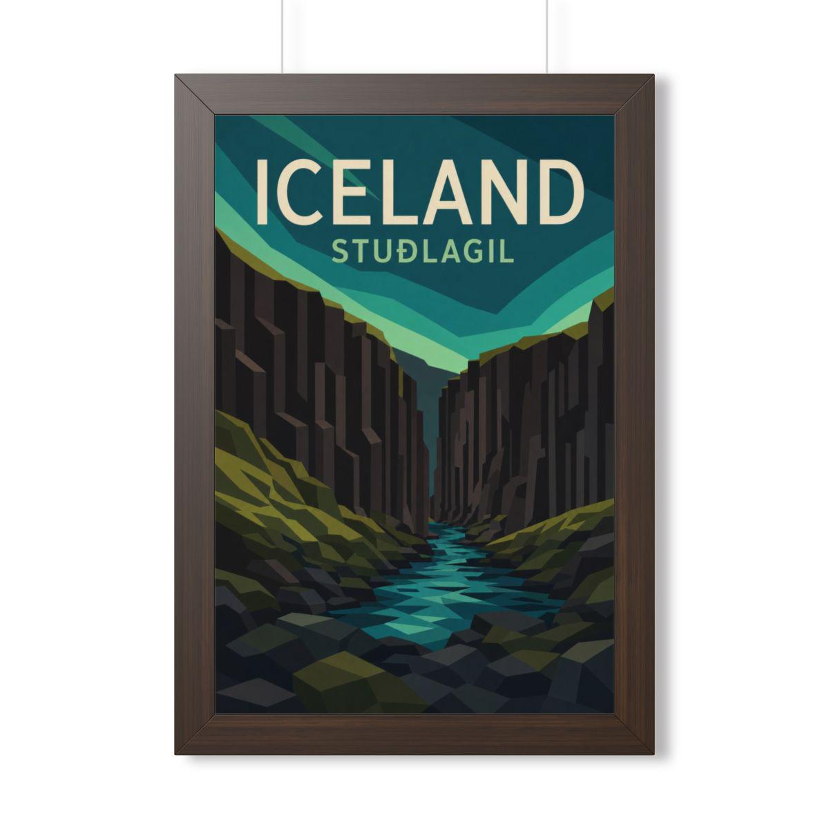 Stuðlagil Canyon Iceland Framed Poster | Vintage Travel Wall Art | Black Walnut White Frame | 16x24 20x30