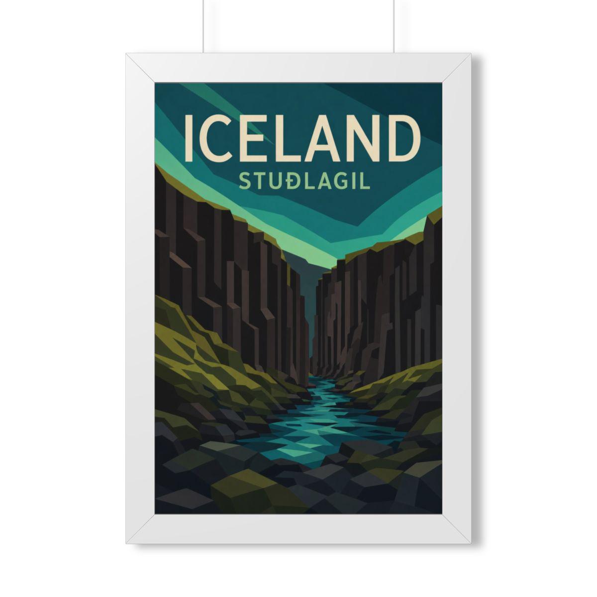Stuðlagil Canyon Iceland Framed Poster | Vintage Travel Wall Art | Black Walnut White Frame | 16x24 20x30