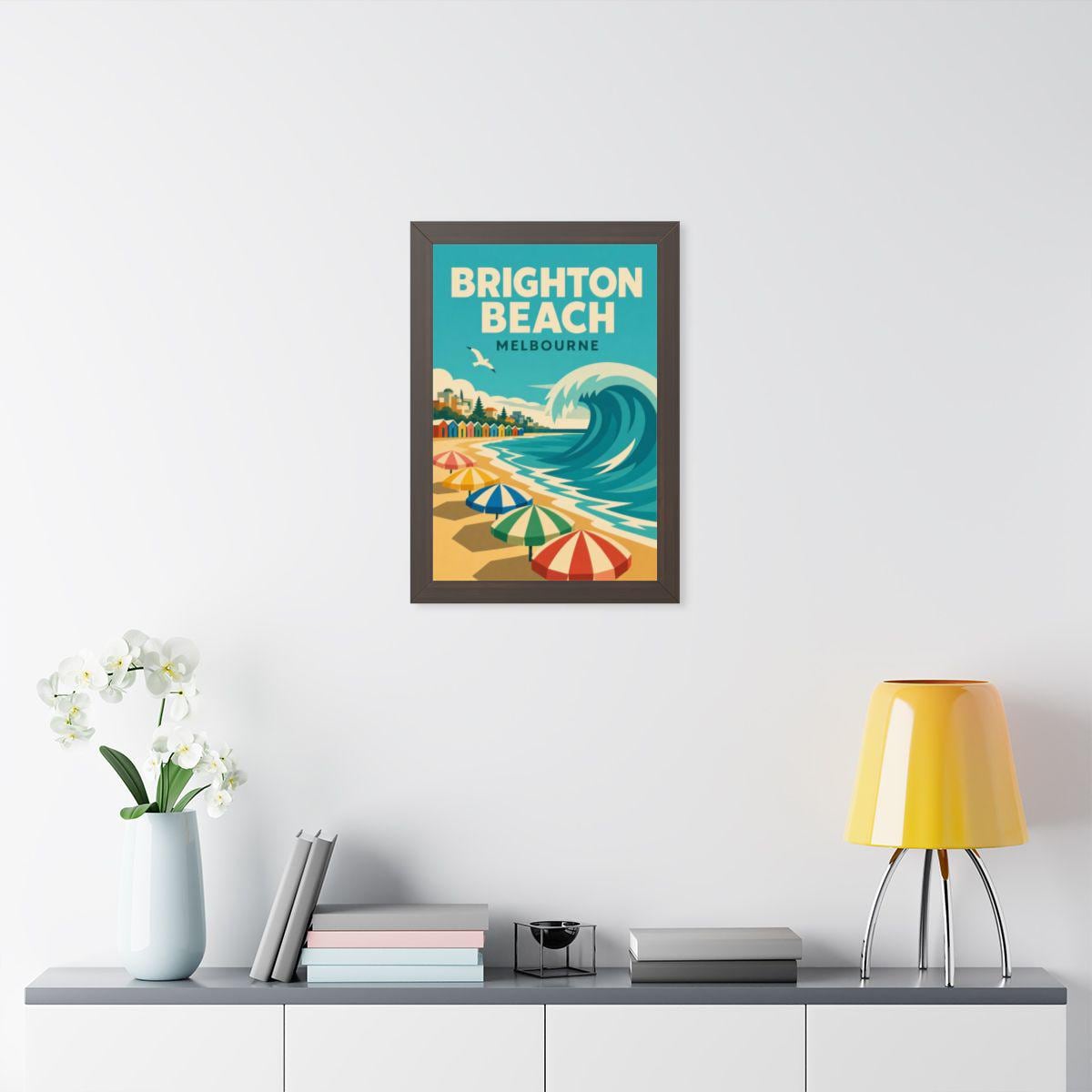 Brighton Beach Melbourne Australia Framed Poster | Vintage Travel Wall Art | Black Walnut White Frame | 16x24 20x30