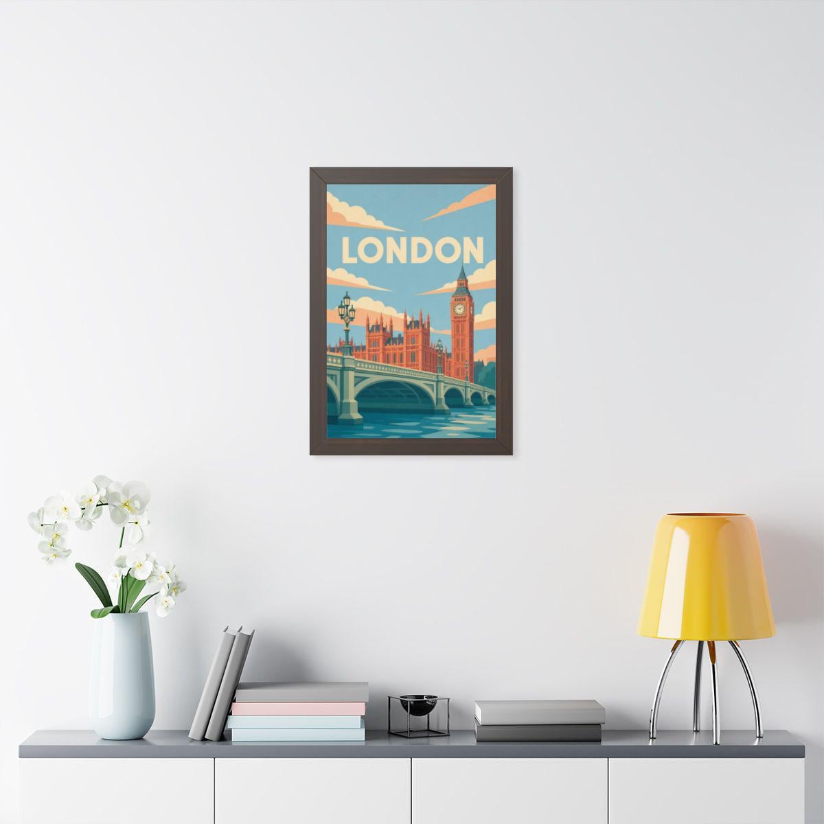 London Westminster United Kingdom Framed Poster | Vintage Travel Wall Art | Black Walnut White Frame | 16x24 20x30