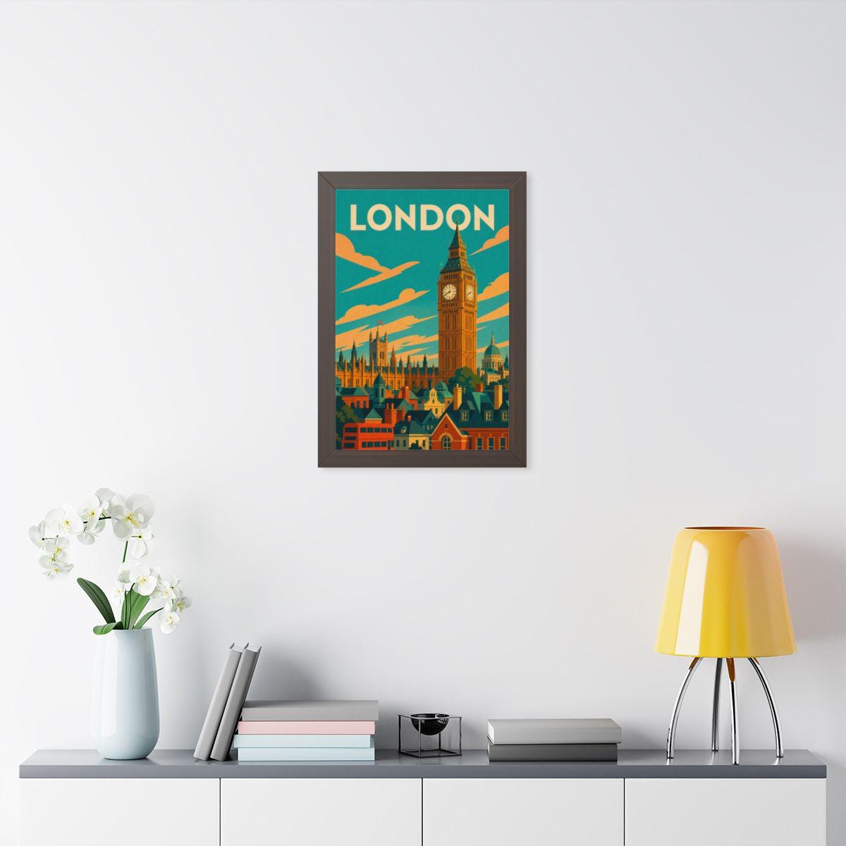 London Big Ben United Kingdom Framed Poster | Vintage Travel Wall Art | Black Walnut White Frame | 16x24 20x30