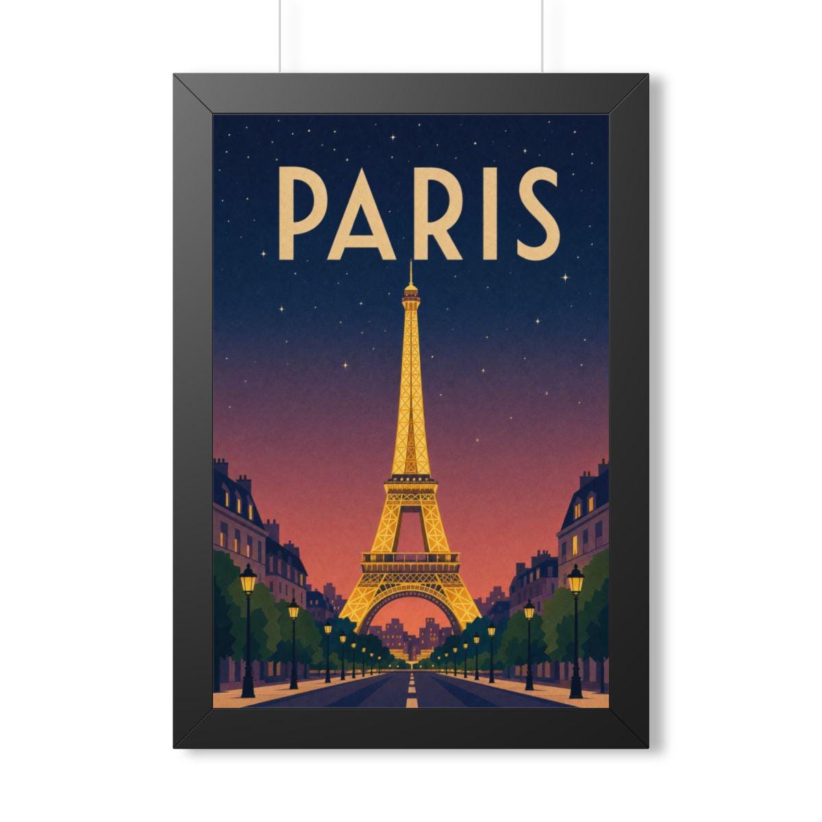 Paris at Night France Framed Poster | Vintage Travel Wall Art | Black Walnut White Frame | 16x24 20x30