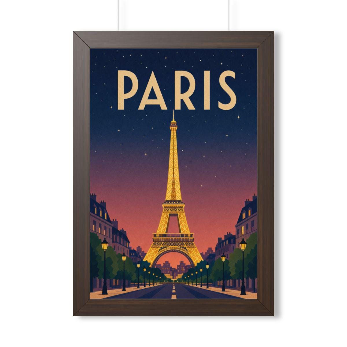 Paris at Night France Framed Poster | Vintage Travel Wall Art | Black Walnut White Frame | 16x24 20x30