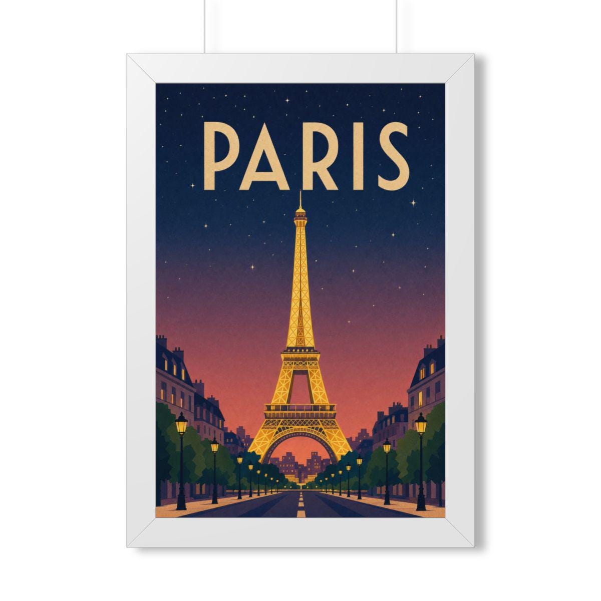 Paris at Night France Framed Poster | Vintage Travel Wall Art | Black Walnut White Frame | 16x24 20x30
