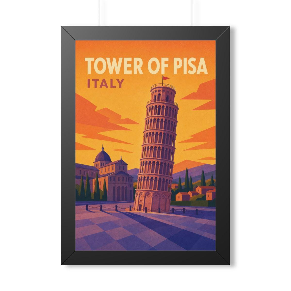 Leaning Tower of Pisa Italy Framed Poster | Vintage Travel Wall Art | Black Walnut White Frame | 16x24 20x30