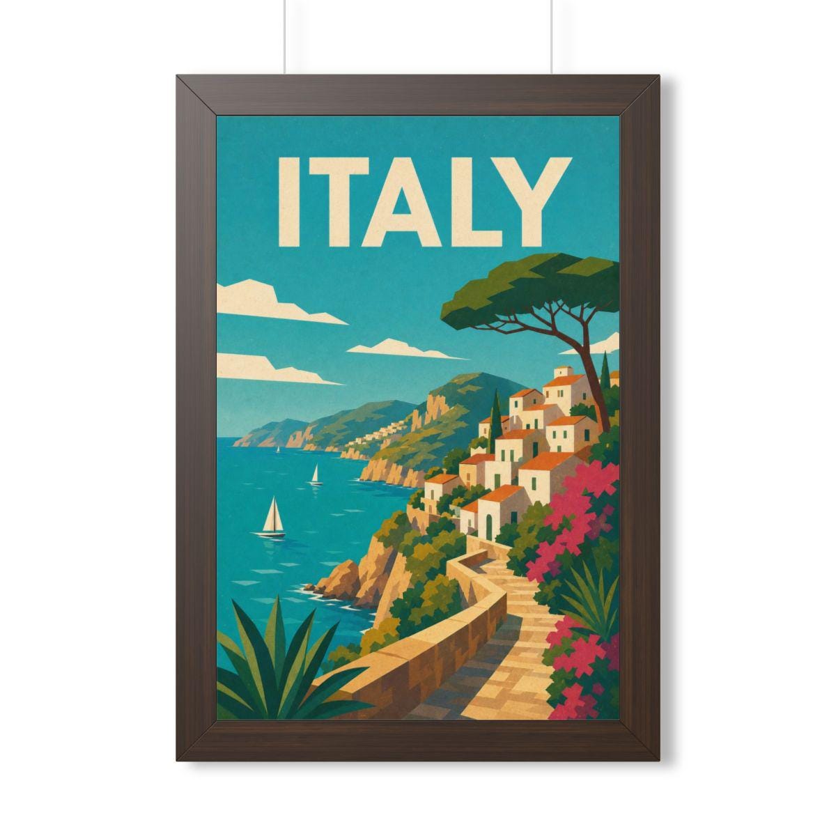 Italian Cliffside Coast Italy Framed Poster | Vintage Travel Wall Art | Black Walnut White Frame | 16x24 20x30