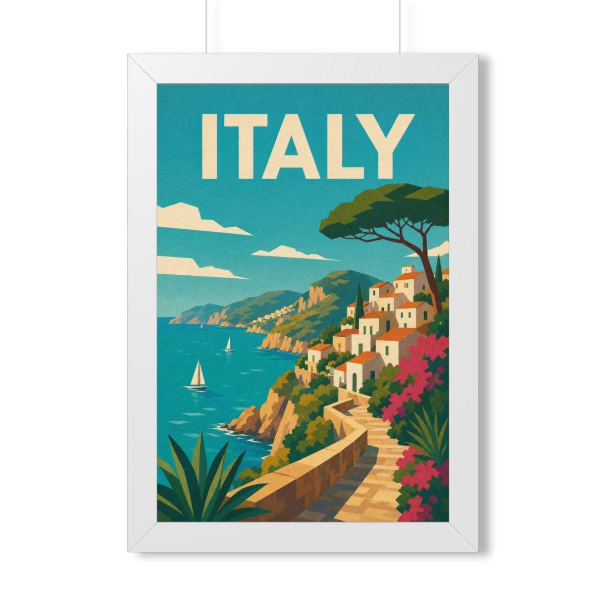Italian Cliffside Coast Italy Framed Poster | Vintage Travel Wall Art | Black Walnut White Frame | 16x24 20x30