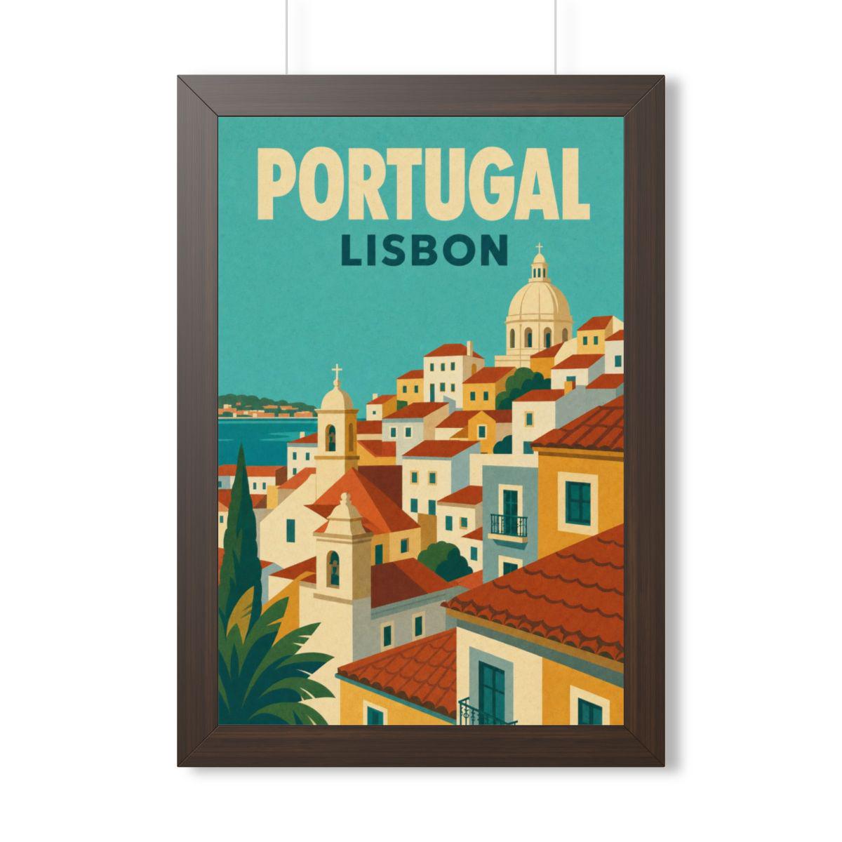 Lisbon Portugal Framed Poster | Vintage Travel Wall Art | Black Walnut White Frame | 16x24 20x30