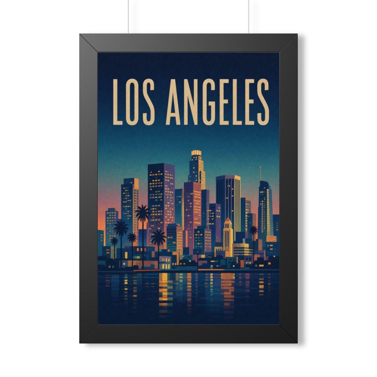 Los Angeles at Night United States Framed Poster | Vintage Travel Wall Art | Black Walnut White Frame | 16x24 20x30