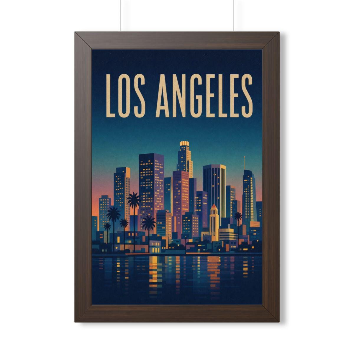 Los Angeles at Night United States Framed Poster | Vintage Travel Wall Art | Black Walnut White Frame | 16x24 20x30