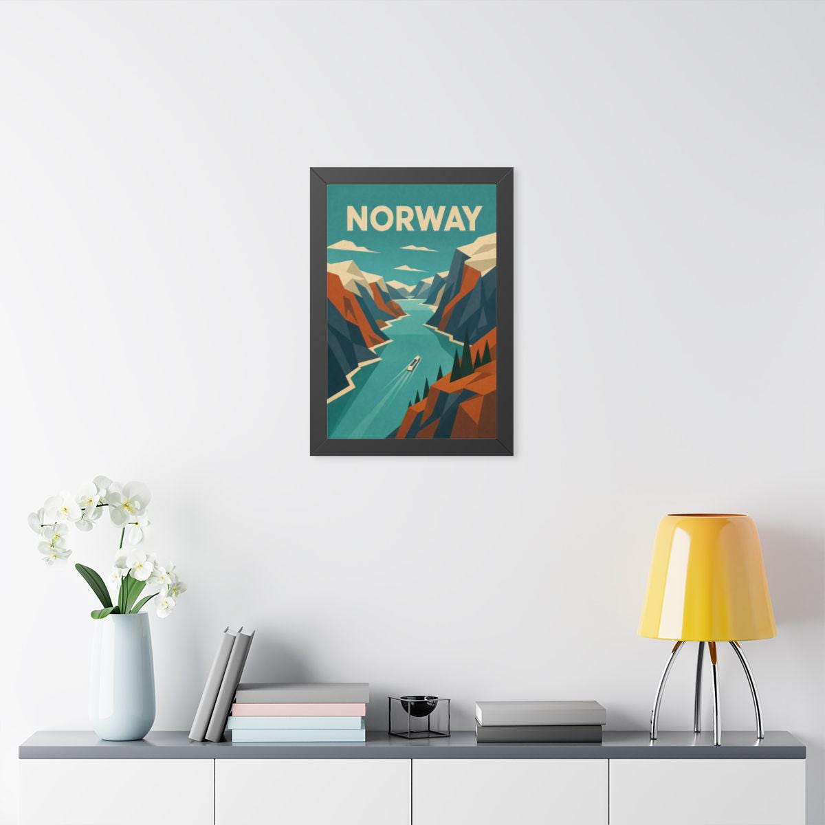 Norway Fjord Norway Framed Poster | Vintage Travel Wall Art | Black Walnut White Frame | 16x24 20x30