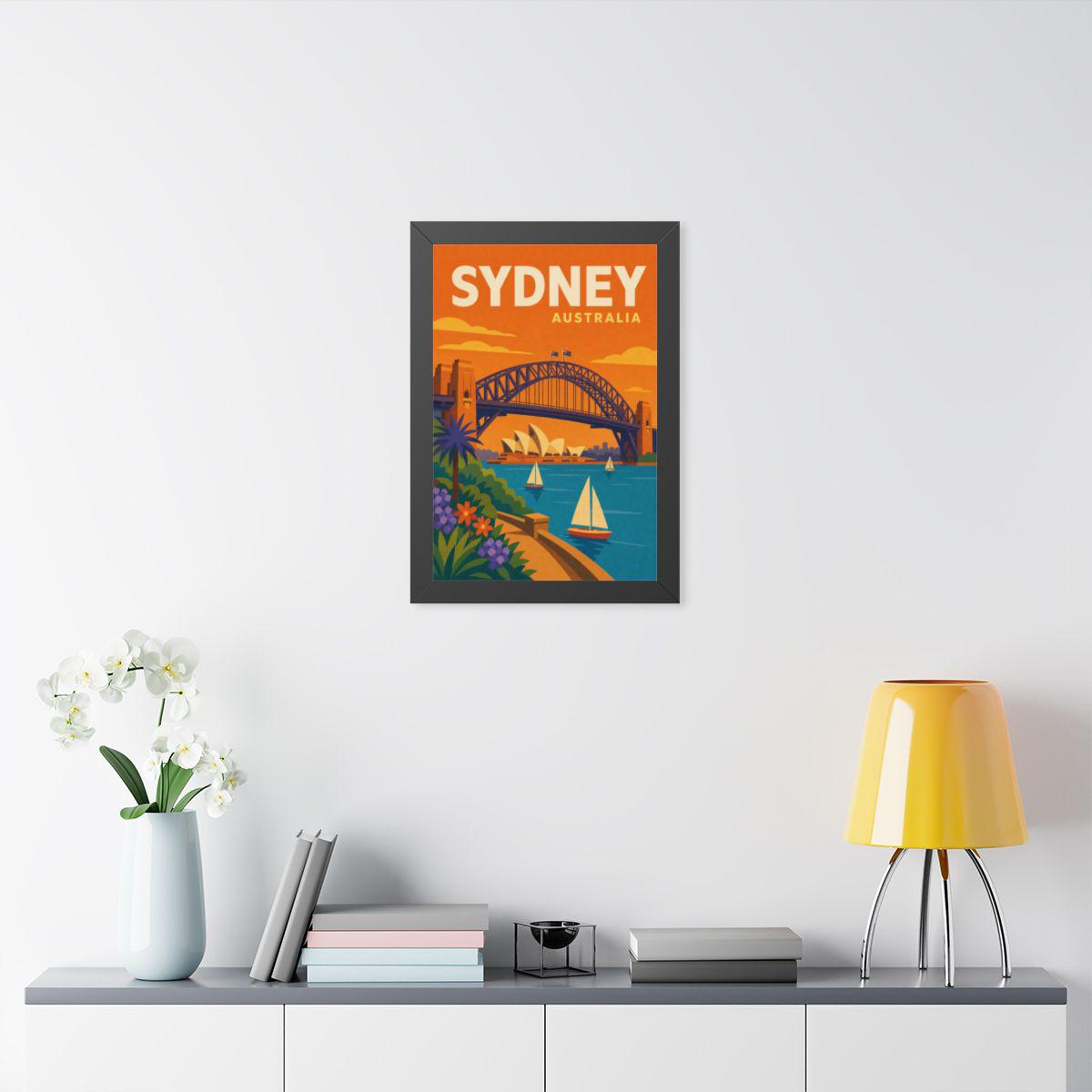 Sydney Harbour Australia Framed Poster | Vintage Travel Wall Art | Black Walnut White Frame | 16x24 20x30