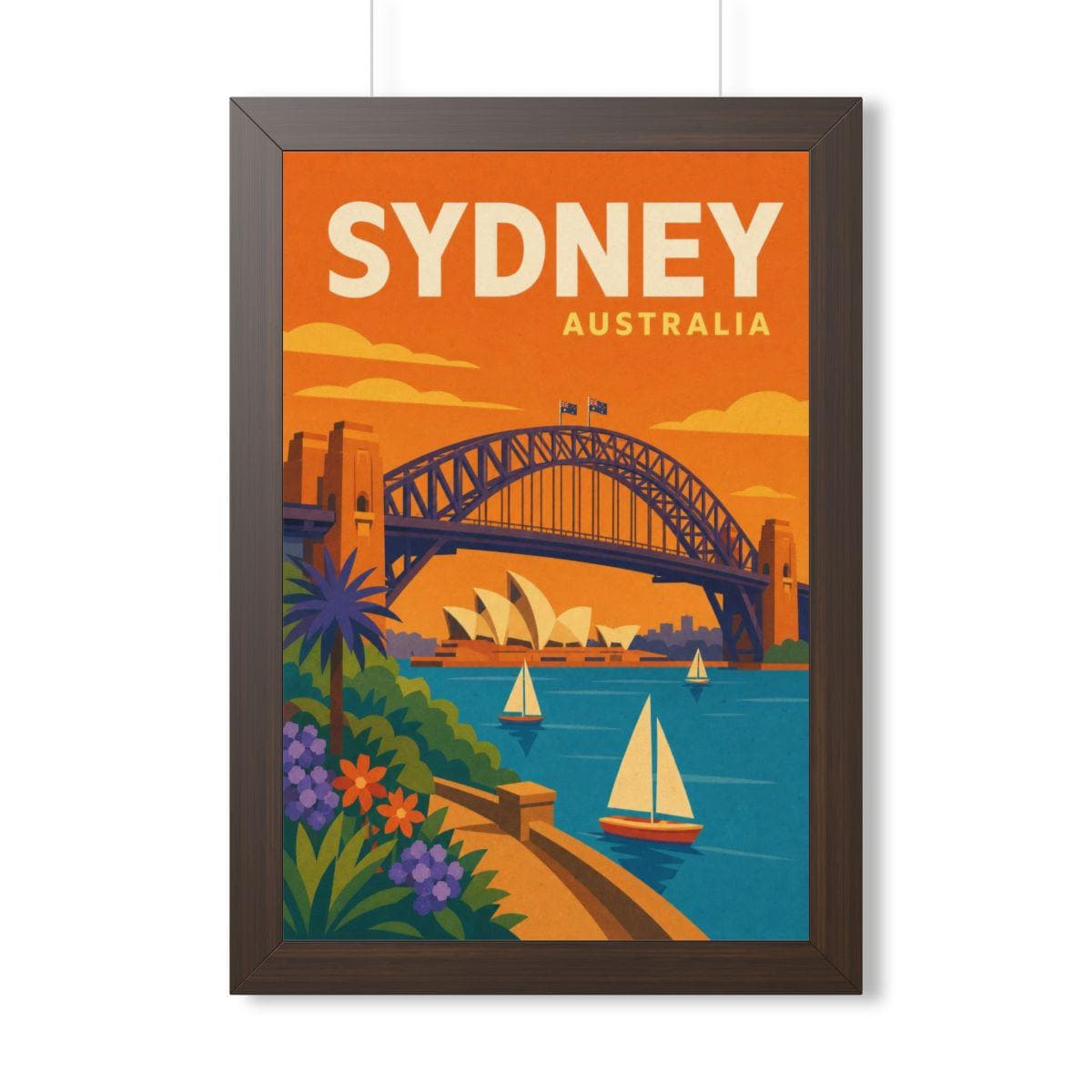 Sydney Harbour Australia Framed Poster | Vintage Travel Wall Art | Black Walnut White Frame | 16x24 20x30
