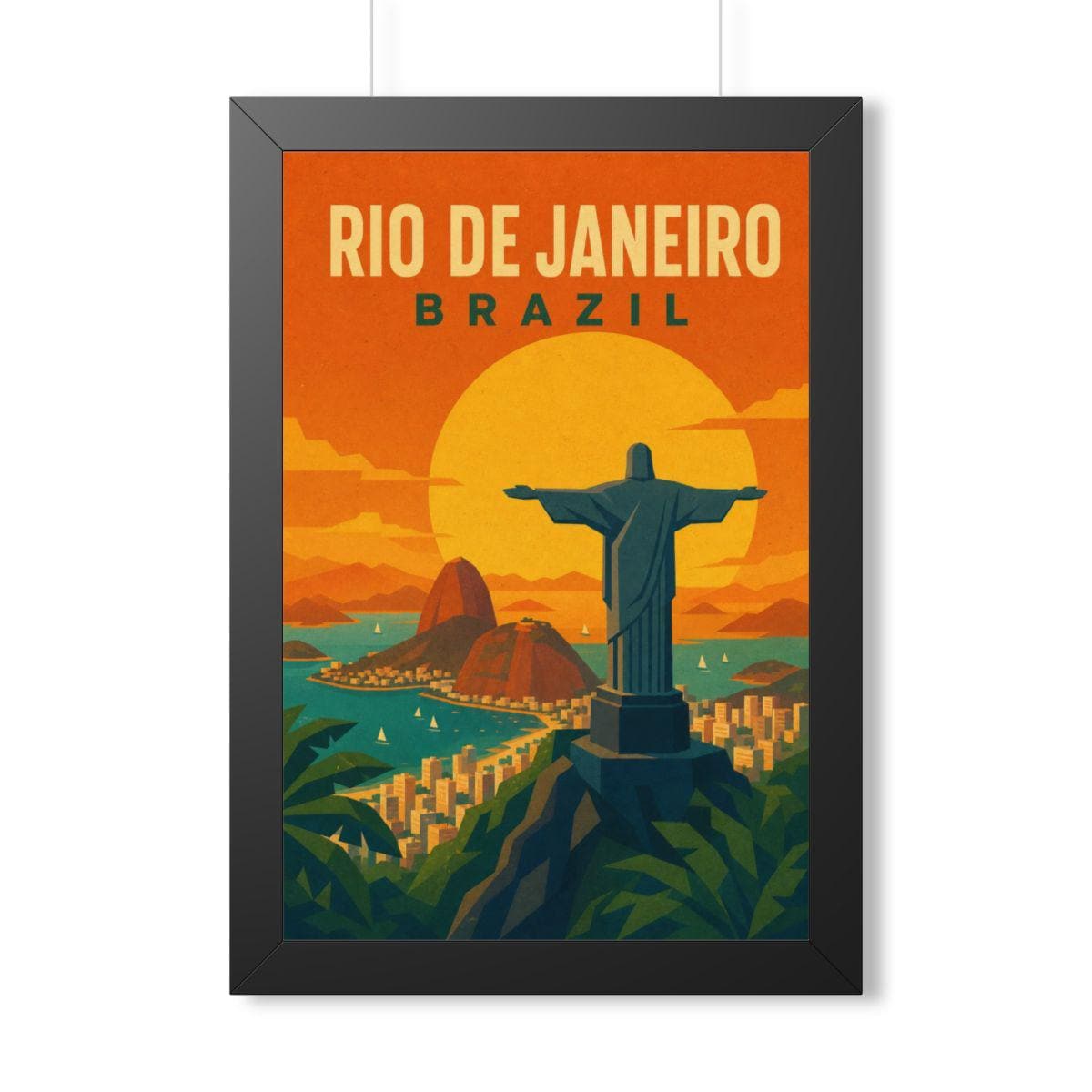 Rio de Janeiro Sunset Brazil Framed Poster | Vintage Travel Wall Art | Black Walnut White Frame | 16x24 20x30