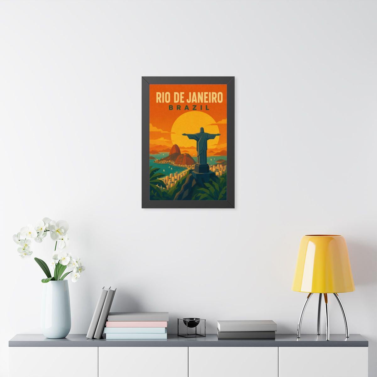 Rio de Janeiro Sunset Brazil Framed Poster | Vintage Travel Wall Art | Black Walnut White Frame | 16x24 20x30