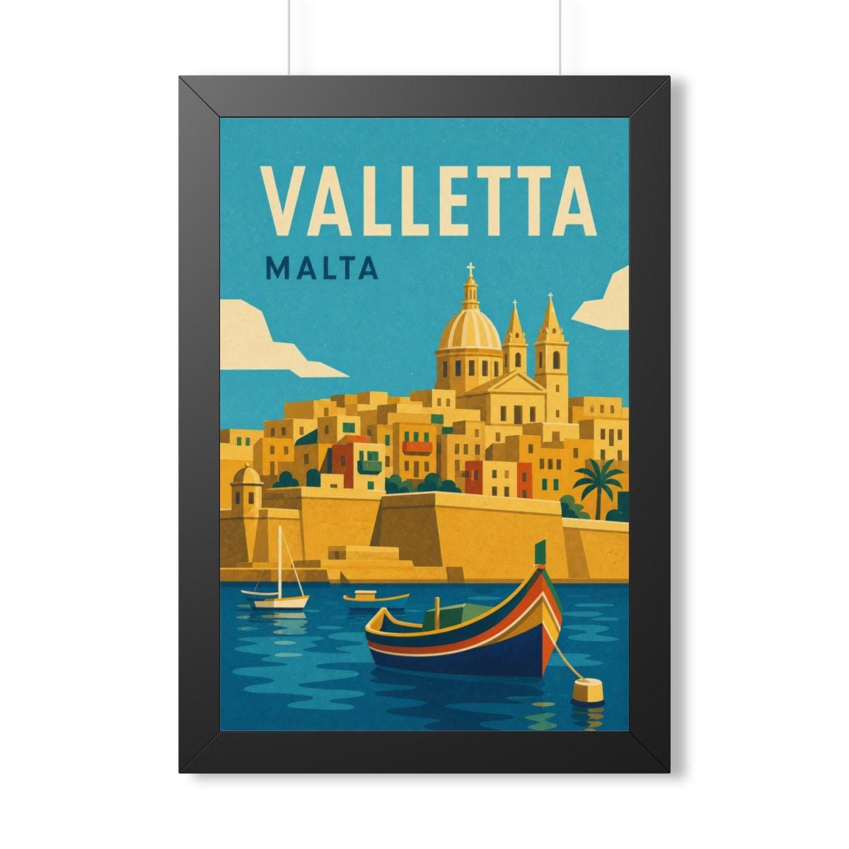Valletta Malta Framed Poster | Vintage Travel Wall Art | Black Walnut White Frame | 16x24 20x30