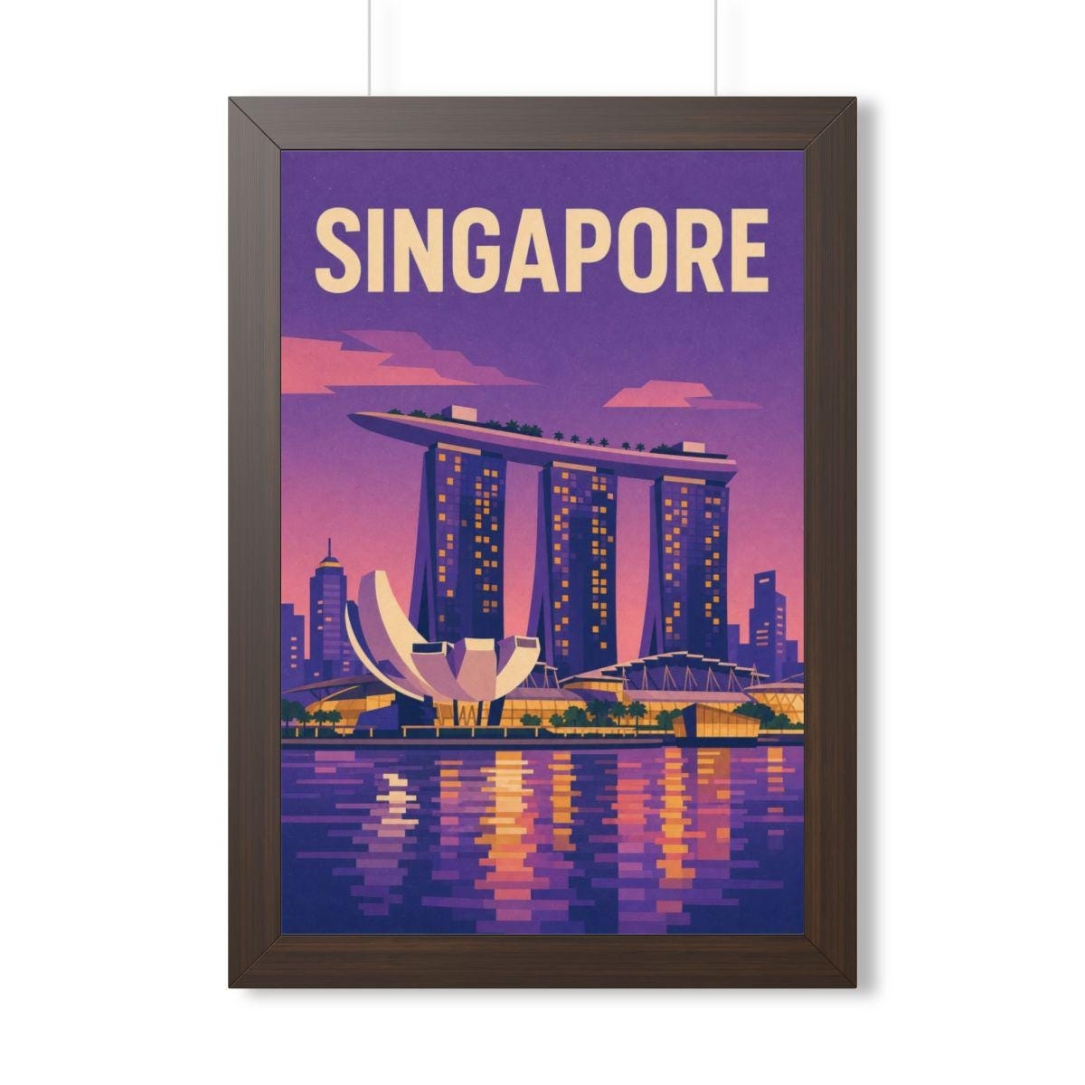 Singapore Marina Bay Singapore Framed Poster | Vintage Travel Wall Art | Black Walnut White Frame | 16x24 20x30