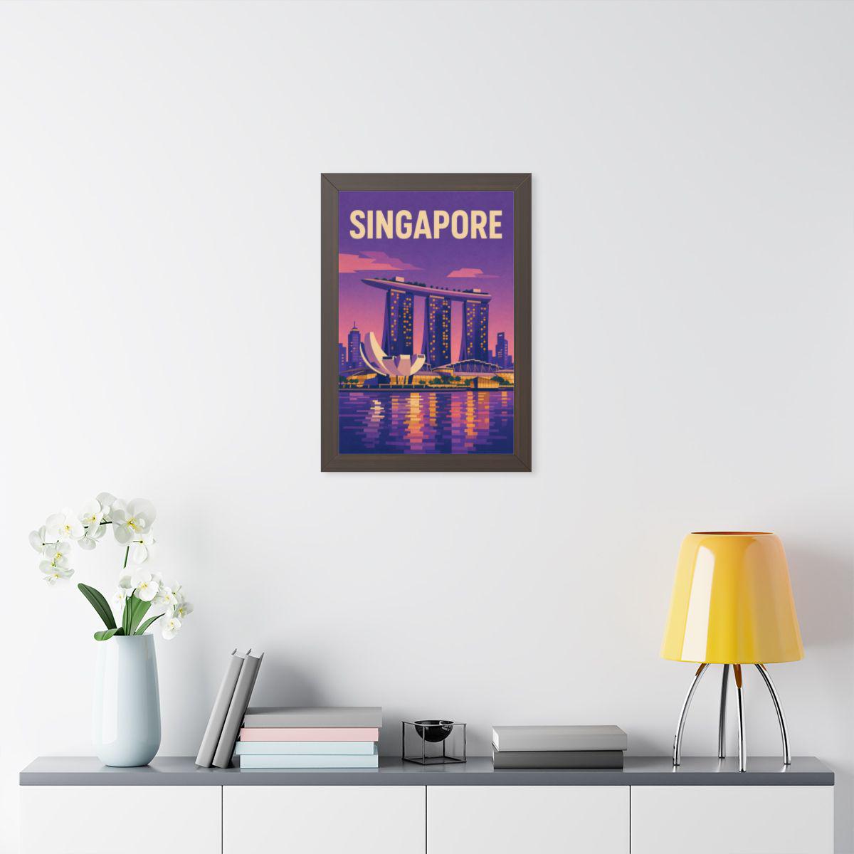 Singapore Marina Bay Singapore Framed Poster | Vintage Travel Wall Art | Black Walnut White Frame | 16x24 20x30