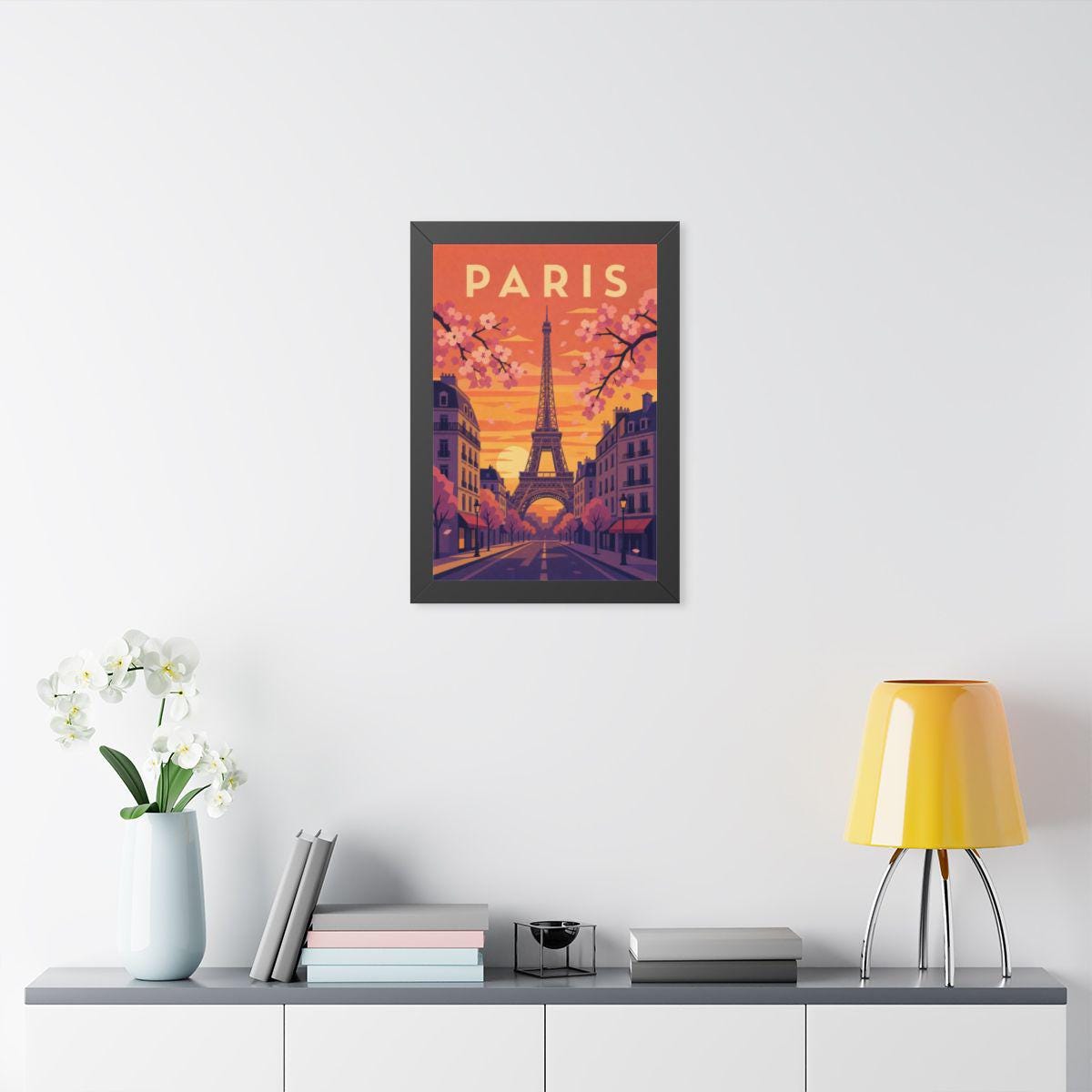 Paris in Spring France Framed Poster | Vintage Travel Wall Art | Black Walnut White Frame | 16x24 20x30