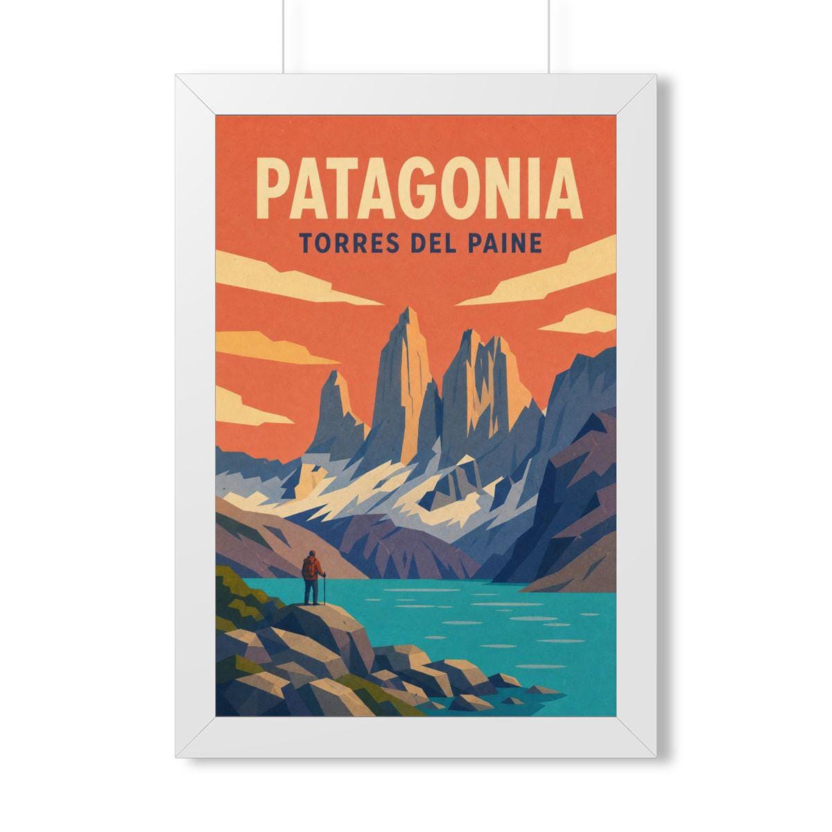 Torres del Paine Chile Framed Poster | Vintage Travel Wall Art | Black Walnut White Frame | 16x24 20x30