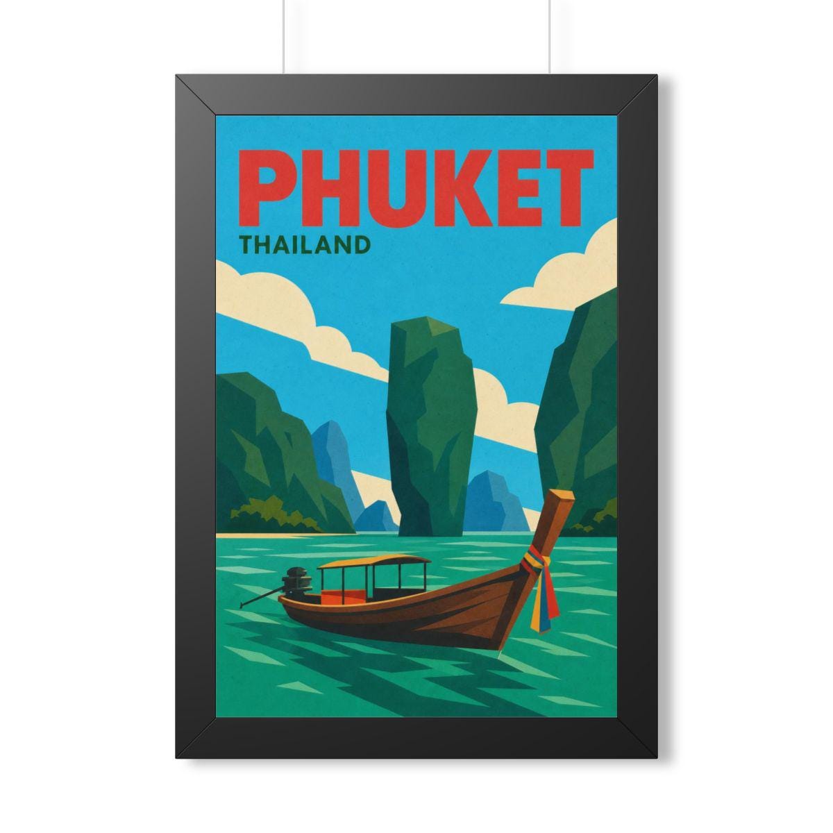 Phuket Thailand Framed Poster | Vintage Travel Wall Art | Black Walnut White Frame | 16x24 20x30