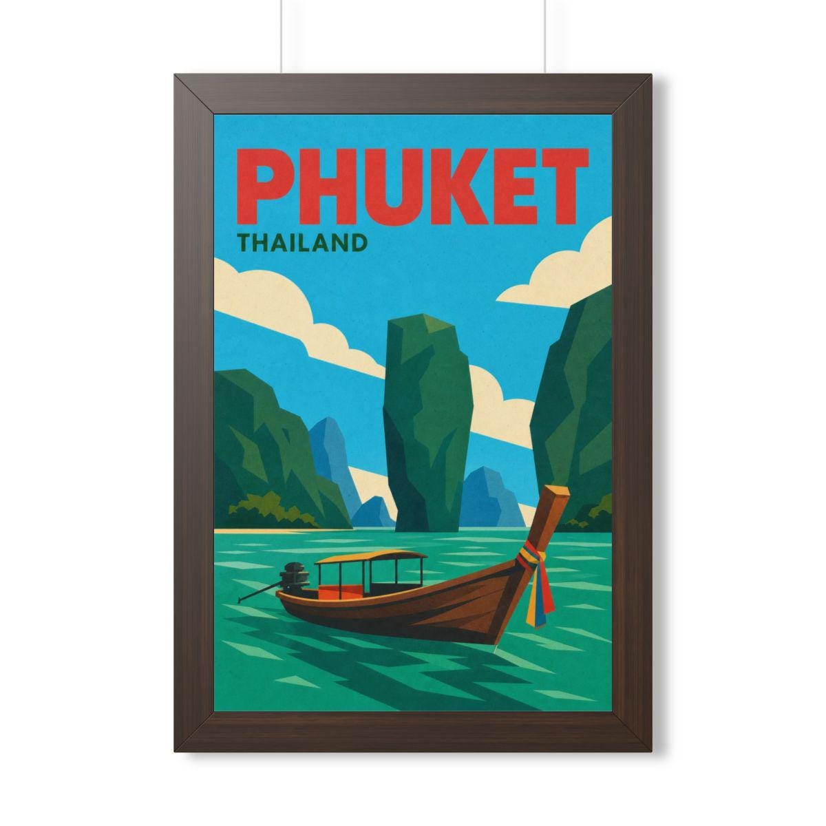 Phuket Thailand Framed Poster | Vintage Travel Wall Art | Black Walnut White Frame | 16x24 20x30
