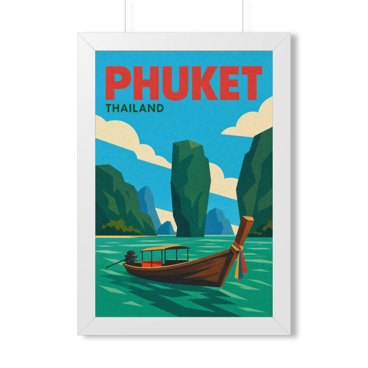 Phuket Thailand Framed Poster | Vintage Travel Wall Art | Black Walnut White Frame | 16x24 20x30
