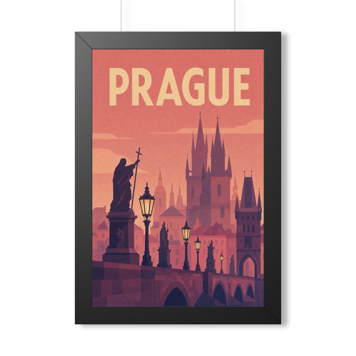 Prague Czechia Framed Poster | Vintage Travel Wall Art | Black Walnut White Frame | 16x24 20x30
