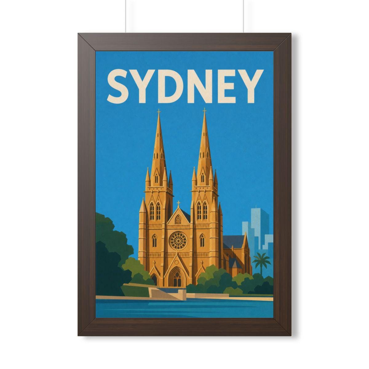 Sydney Cathedral Australia Framed Poster | Vintage Travel Wall Art | Black Walnut White Frame | 16x24 20x30