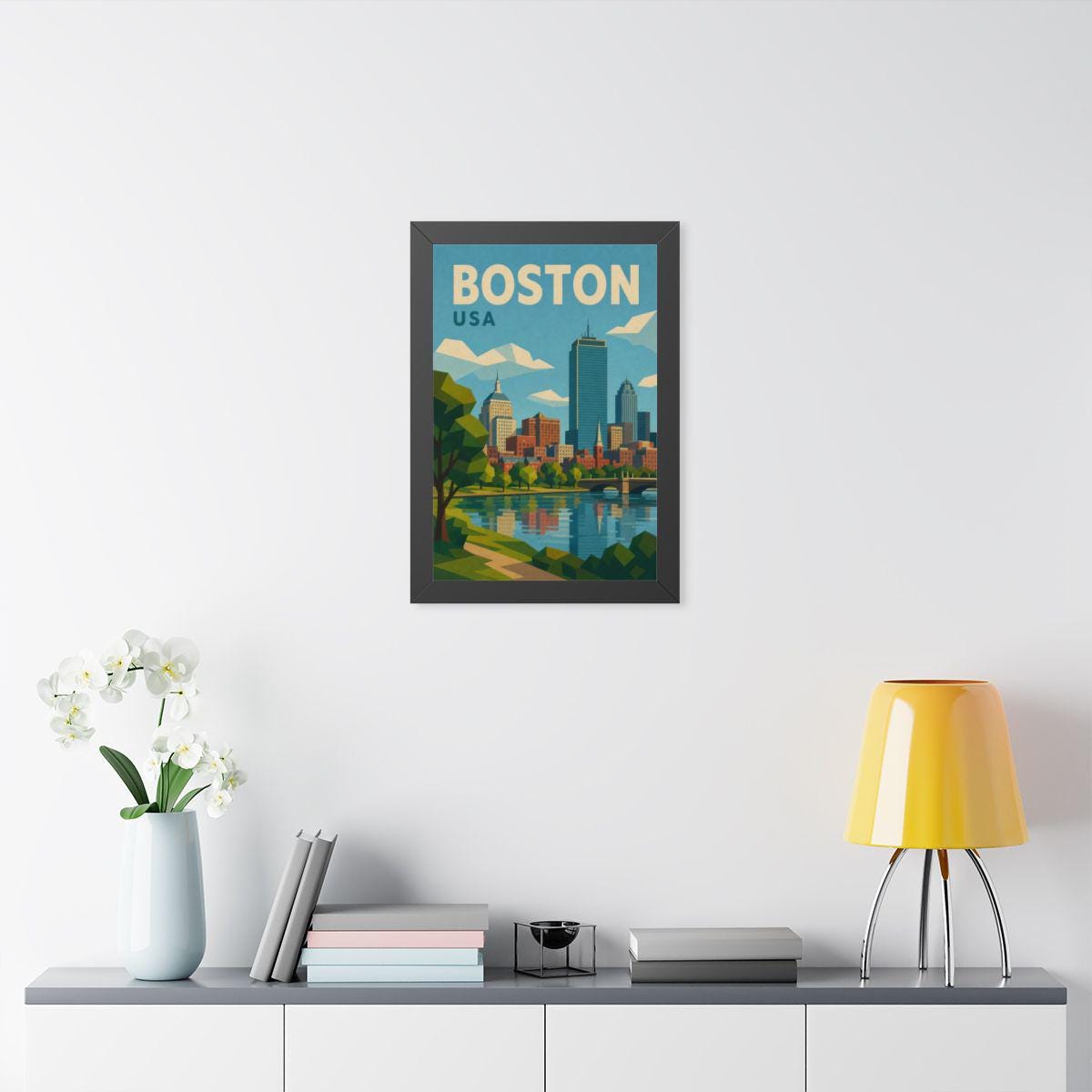 Boston Skyline United States Framed Poster | Vintage Travel Wall Art | Black Walnut White Frame | 16x24 20x30