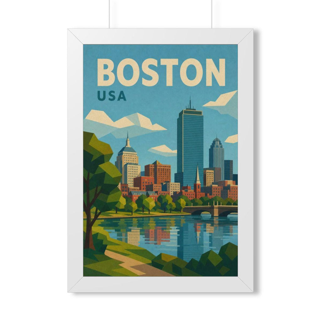 Boston Skyline United States Framed Poster | Vintage Travel Wall Art | Black Walnut White Frame | 16x24 20x30