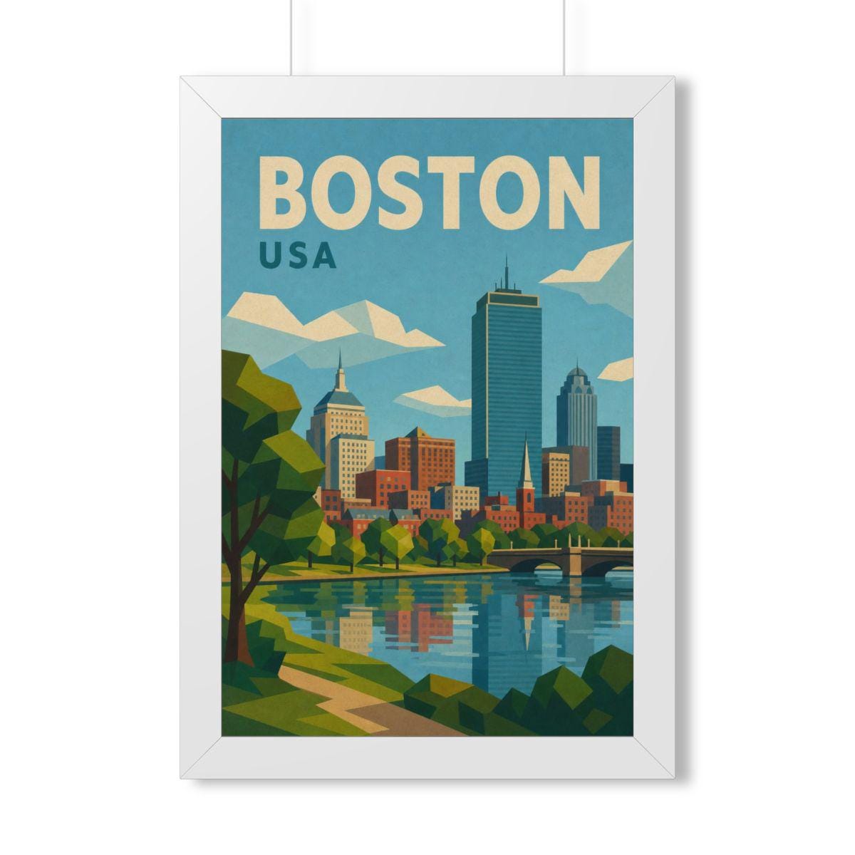 Boston Skyline United States Framed Poster | Vintage Travel Wall Art | Black Walnut White Frame | 16x24 20x30